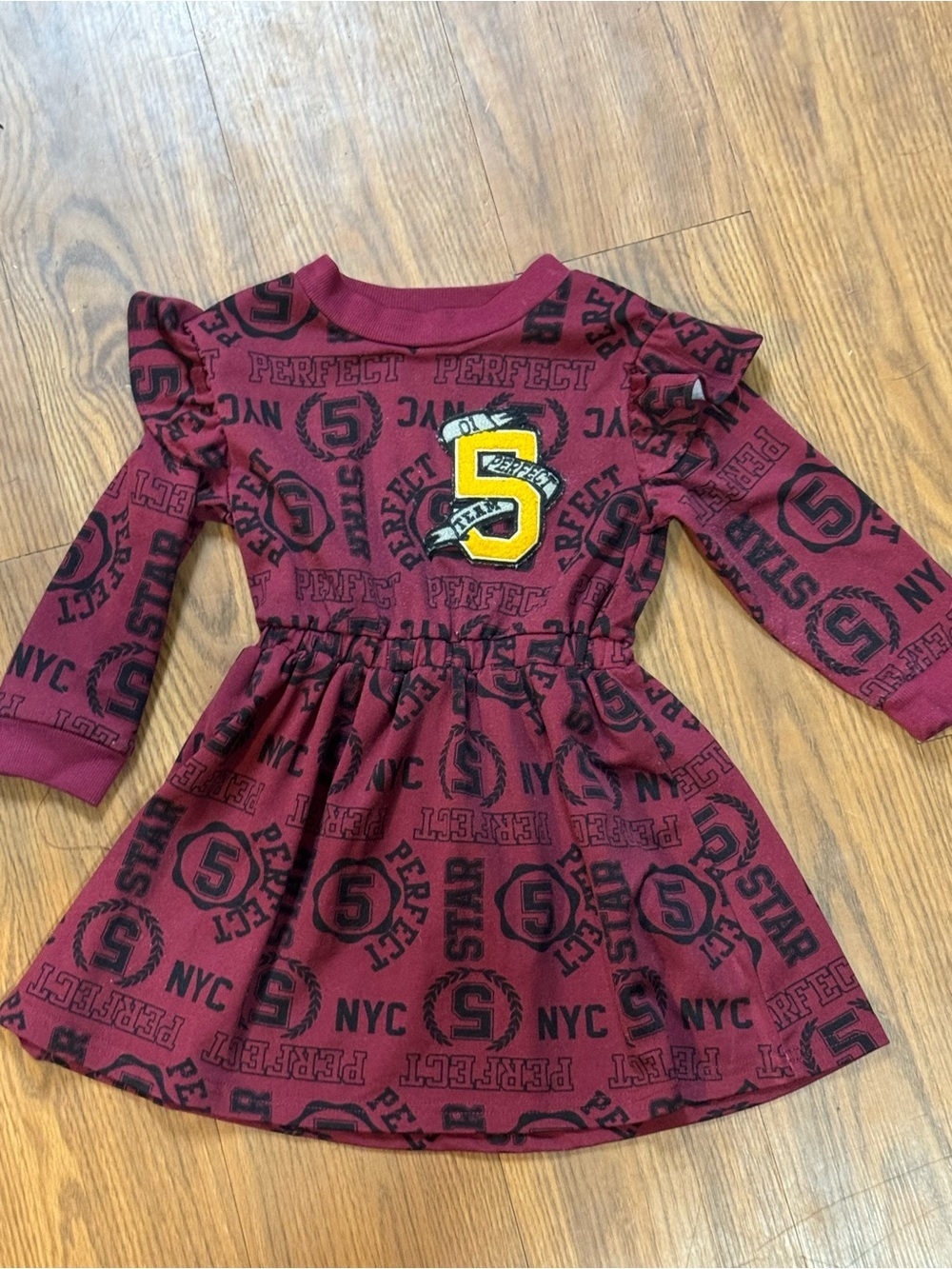 Girls Burgundy Graphic Ruffle-Shoulder Casual Dress. Sporty Varsity